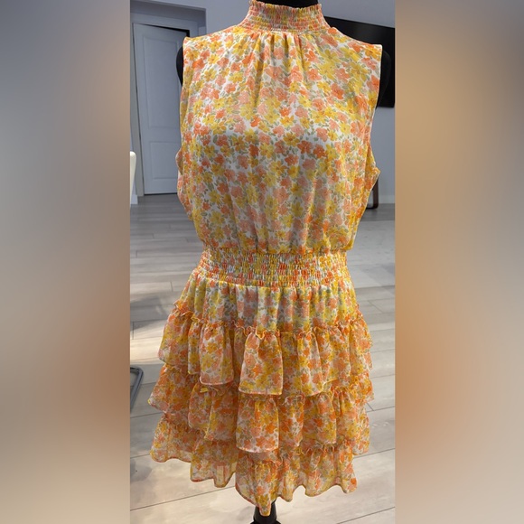 1. STATE Mini Dress Floral Smocked Tiered Ruffle Sleeveless Mock Neck #620 - Picture 1 of 5